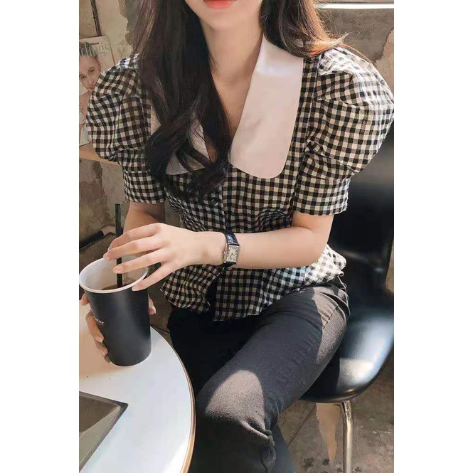 Áo sơ mi tay phồng kẻ sọc caro trắng đen cổ điển hợp thời trang