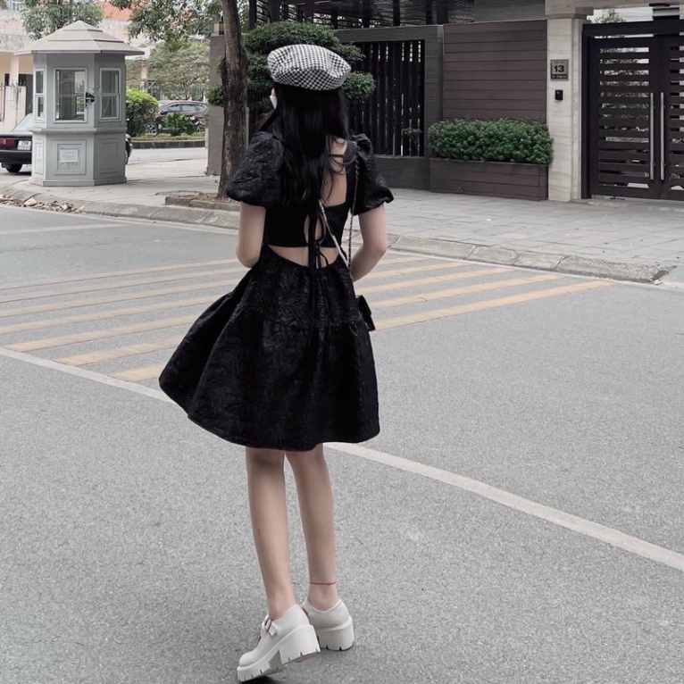 Váy cổ hình vuông tay bồng uốn lượn hở lưng buộc dây thời thượng V02 váy xinh hot trendy - babydoll