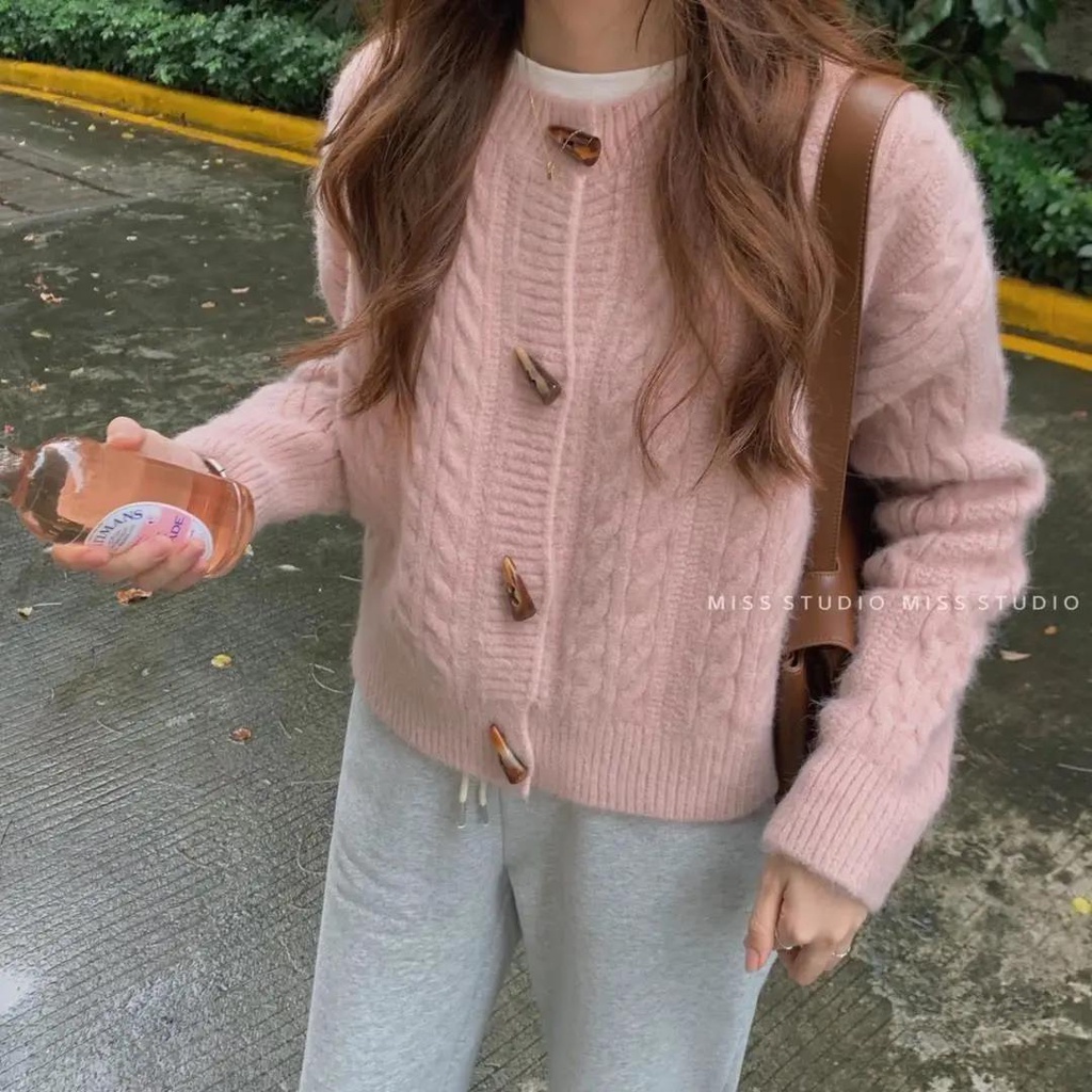 Áo khoác cardigan dệt kim dày dáng rộng phối nút xoắn thời trang đơn giản trẻ trung cho nữ