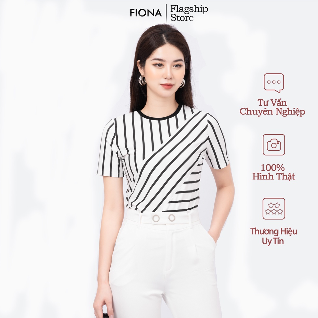 Áo thun nữ, cổ tròn in họa tiết kẻ - F521190
