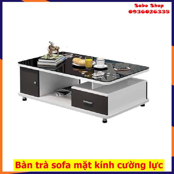 Bàn Trà Sofa Bằng Gỗ MDF, Mặt Kính Cường Lực, 2 tầng, có ngăn kéo chứa đồ