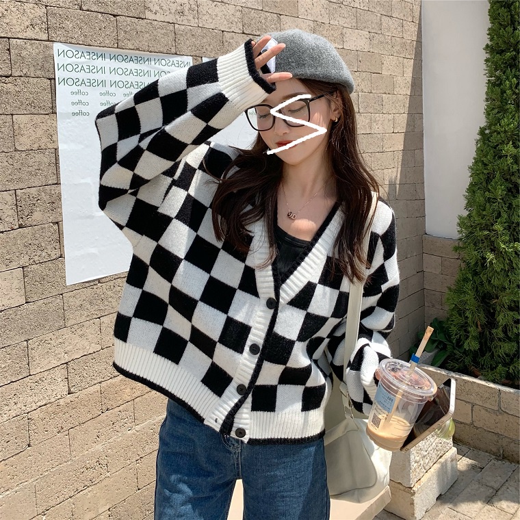 NUZIRO Áo khoác cardigan  dệt kim cổ chữ V dáng rộng họa tiết caro thời trang dành cho nữ