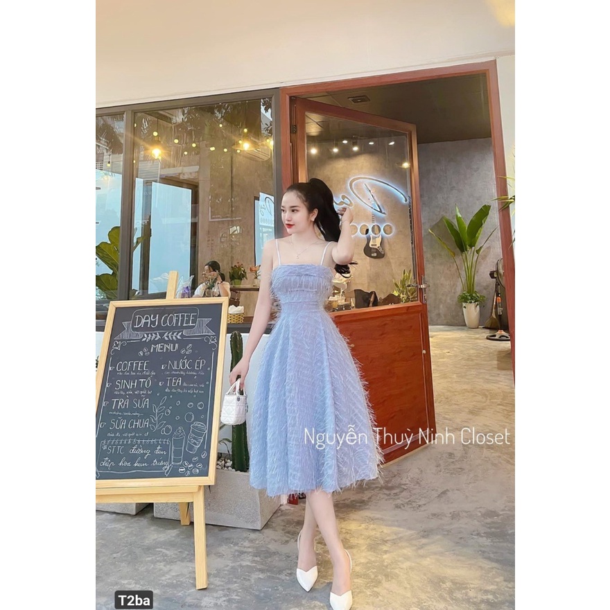 Đầm Tiểu Thư Dự Tiệc Xoè Lông Vũ Dáng Dài Hai Dây