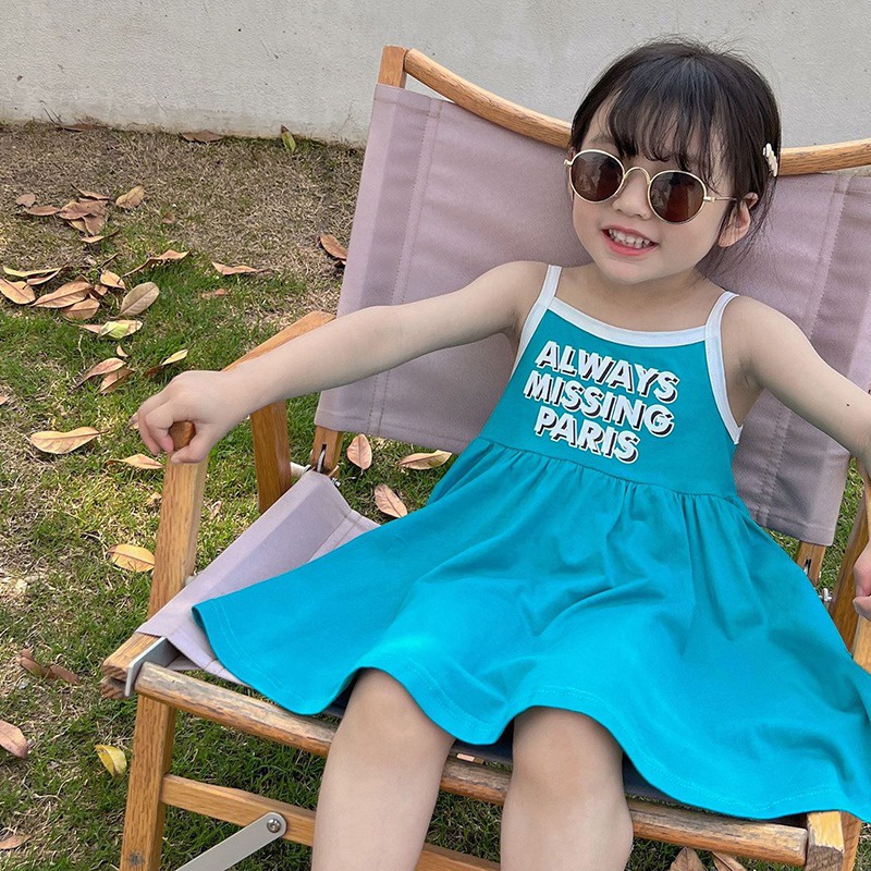Đầm Hai Dây Họa Tiết Chữ In Dễ Thương Phong Cách Phương Tây Cho Bé Gái