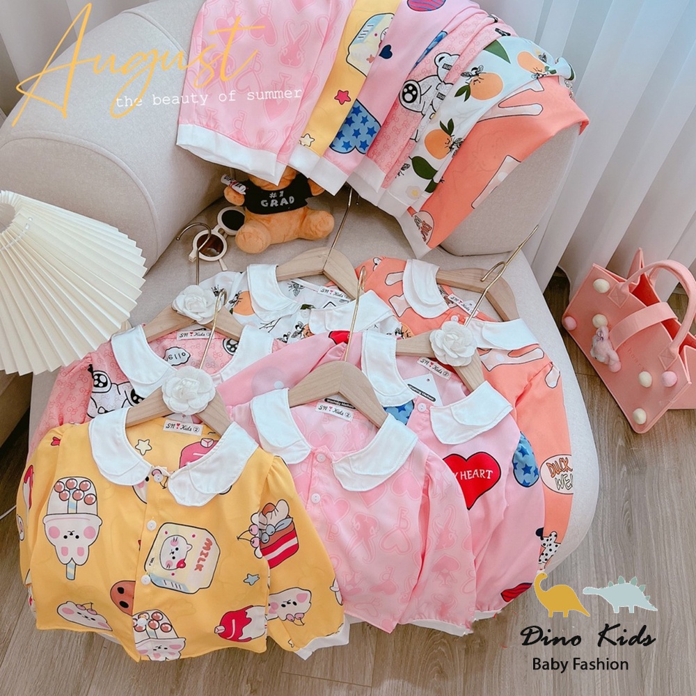 Bộ Pijama cho bé gái, pijama lụa satin cổ 2 tầng bèo nhiều hình dễ thương cho bé gái