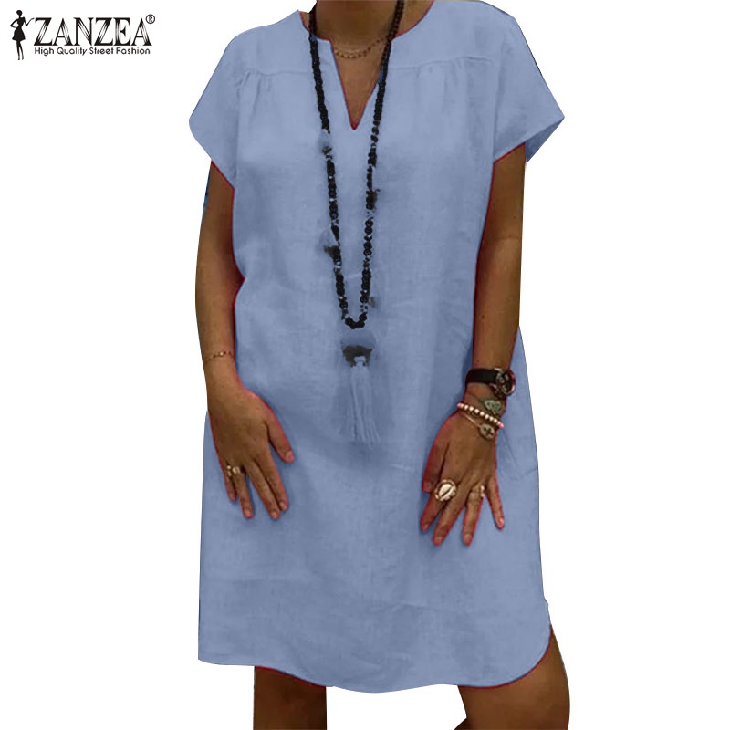 Đầm ZANZEA cotton ngắn tay cổ chữ V thời trang nữ
