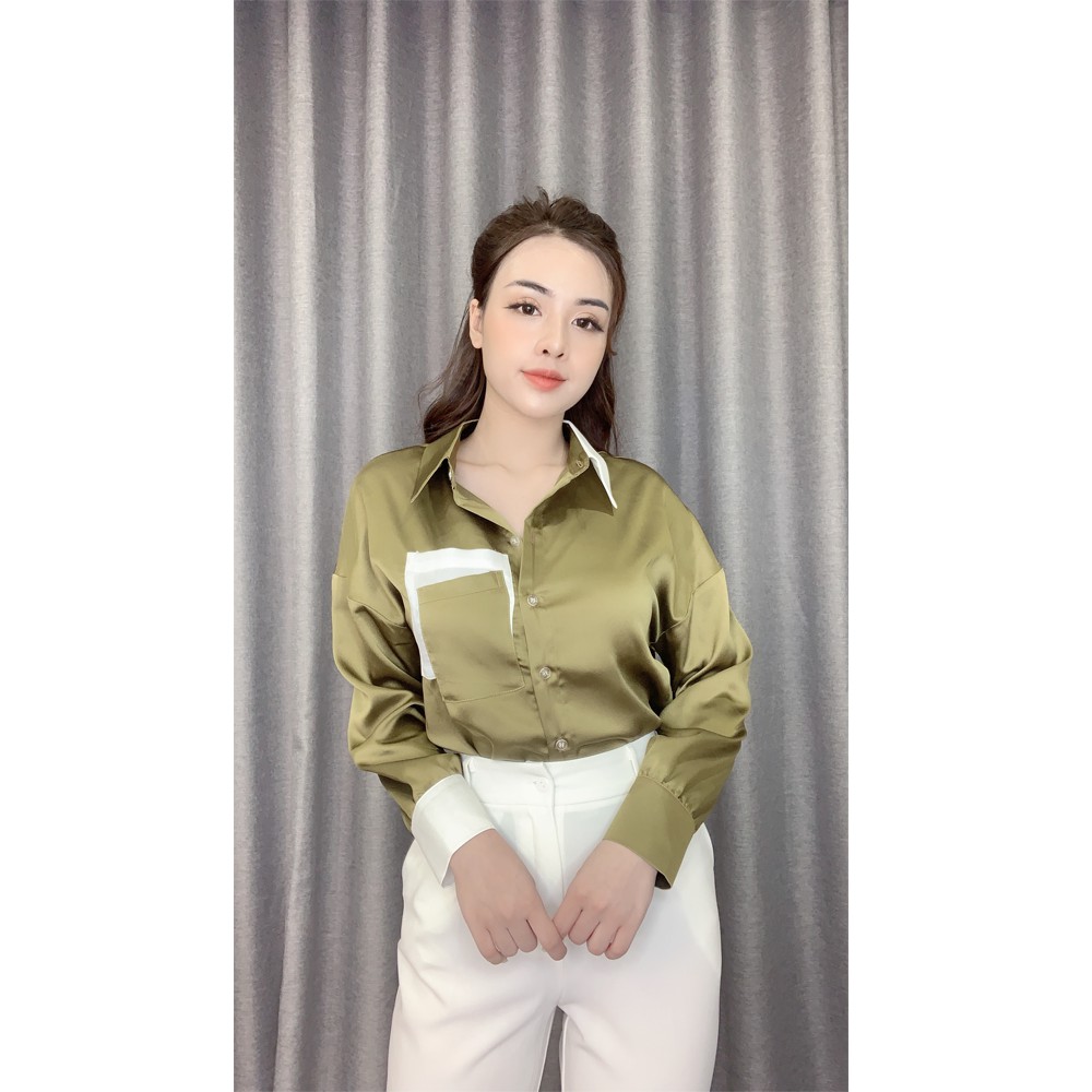 Áo sơ mi nữ dài tay LIIN CLOTHING đủ size, màu rêu phối cổ trắng sữa thanh lịch SM2808