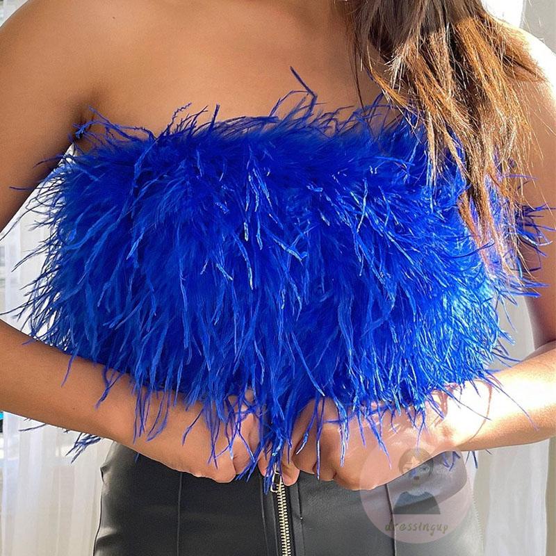 Áo Ống Hở Lưng Dáng Ôm Không Tay Phối Lông Màu Trơn Thời Trang Cho Nữ