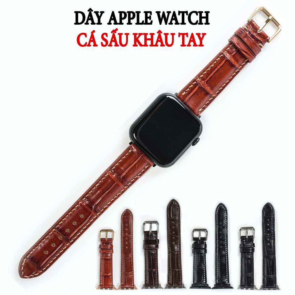 Dây đeo apple watch da cá sấu đốt tre-khâu tay thủ công D108- dây apple watch series 3 series 4 series 5-Bụi leather
