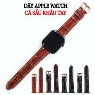 Dây đeo apple watch da cá sấu đốt tre-khâu tay thủ công D108- dây apple watch series 3 series 4 series 5-Bụi leather