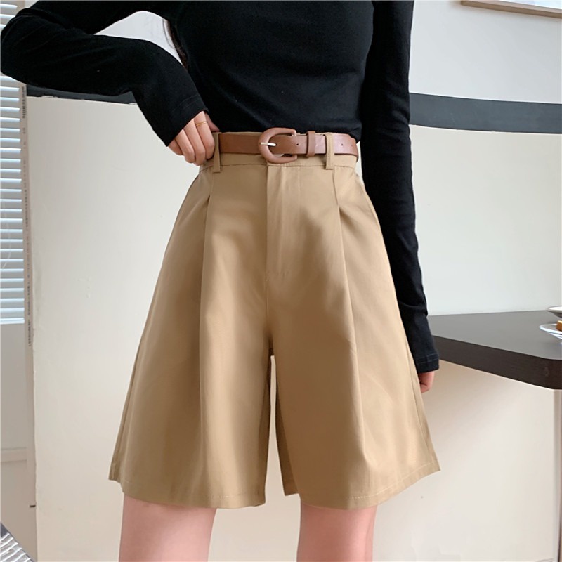 Quần Yếm Ngắn Ống Rộng Màu Khaki/Đen Size S-2XL Cho Nữ