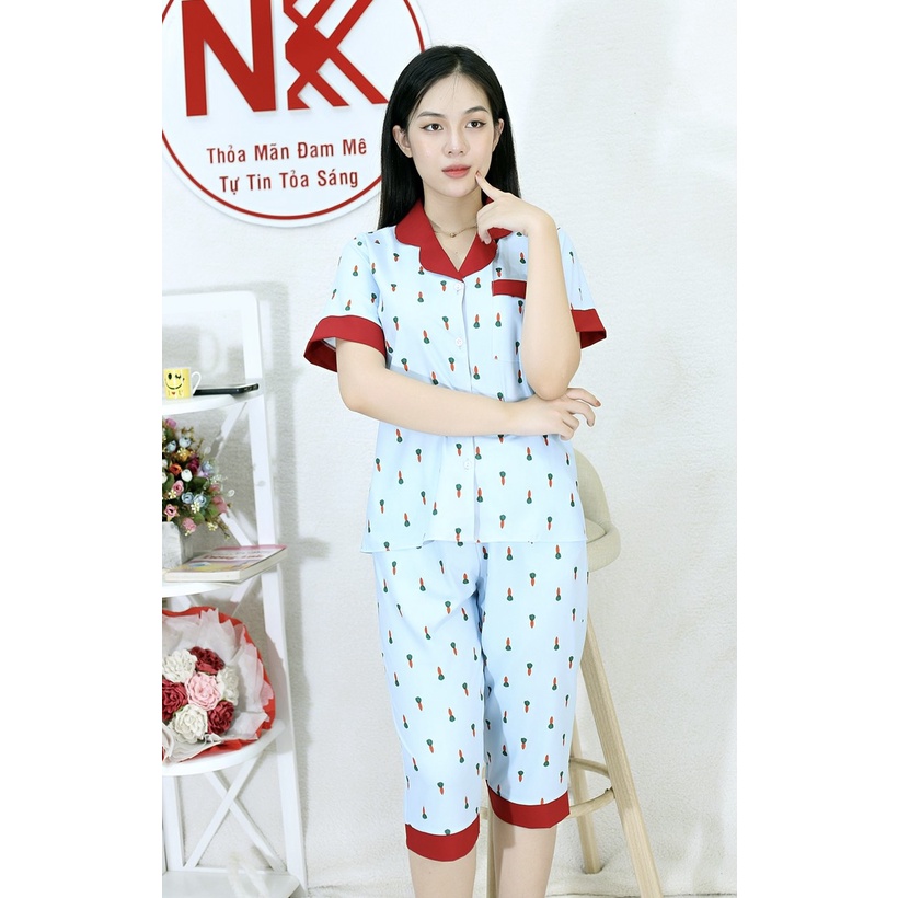 [HÌNH THẬT] Bộ đồ Pijama lửng mặc nhà MÀU XANH IN CÀ RỐT - Vải Siêu Lụa Cao Cấp - Mềm Mại Êm Ái