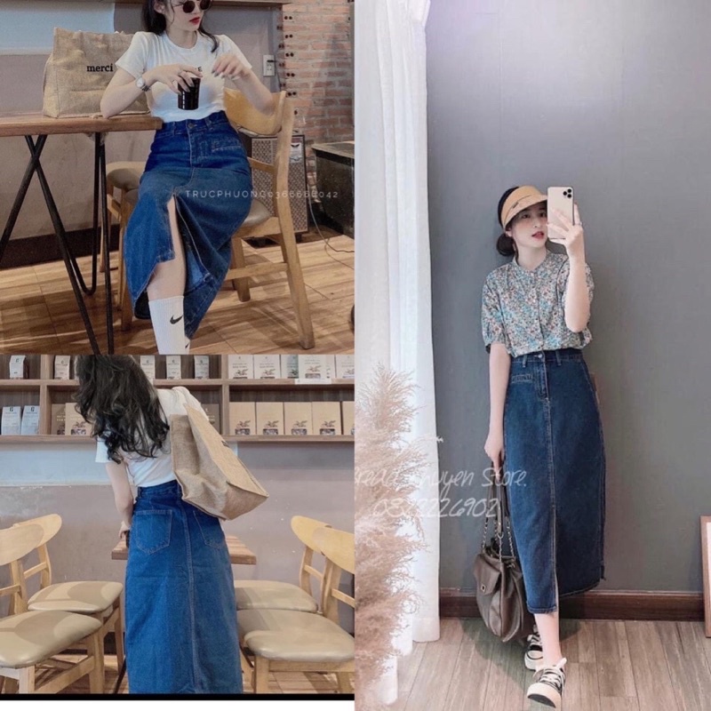 Chân váy bò 1 túi trước  xanh đậm xẻ vạt #921