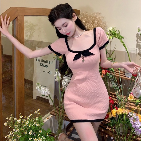 Đầm ngắn ZHELIHANGFEI dệt kim trễ vai đính nơ thời trang quyến rũ xinh xắn cho nữ