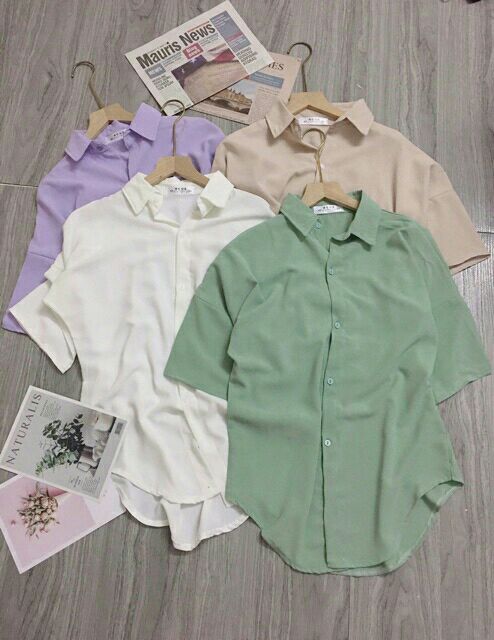 Áo sơ mi đũi lụa cộc tay kiểu dáng vintage màu pastel