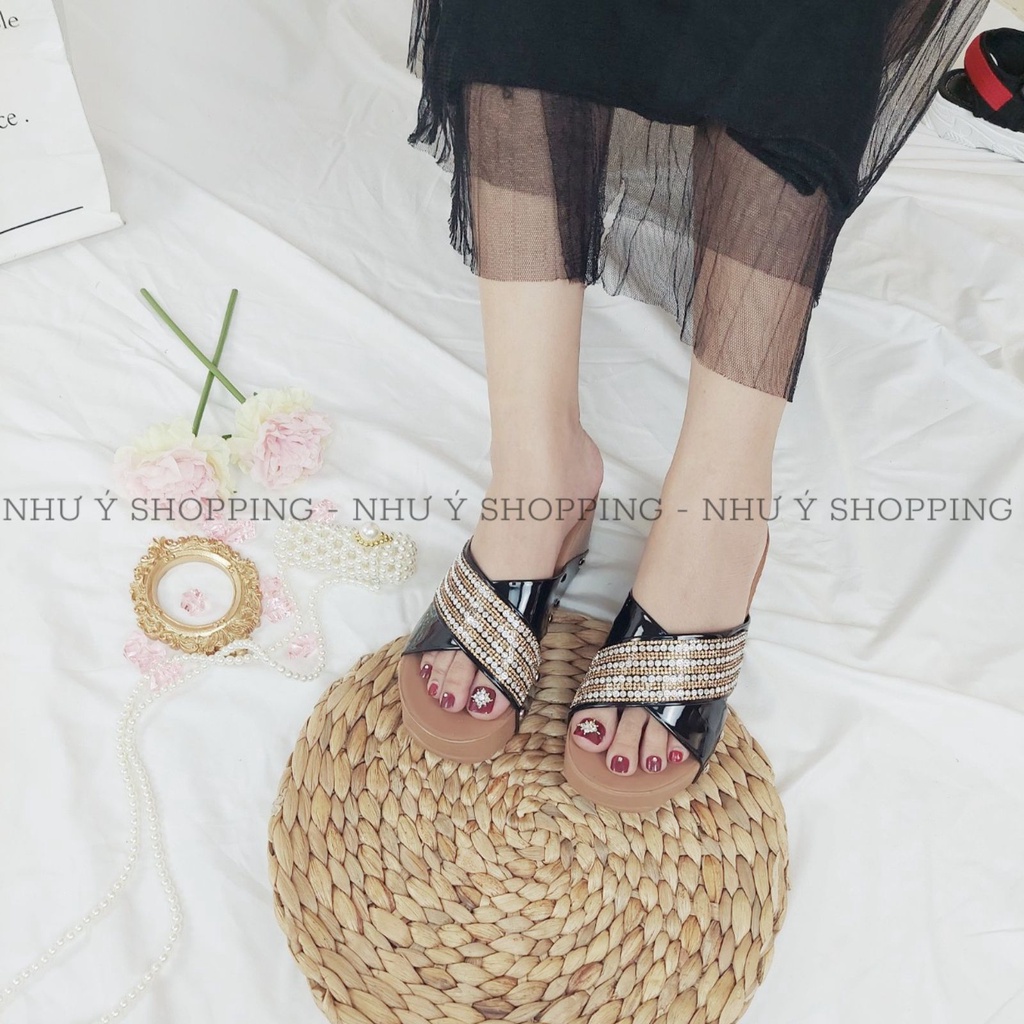 Dép nữ đế xuồng quai chéo đính đá đế PU nhẹ êm tôn dáng-TBXDa