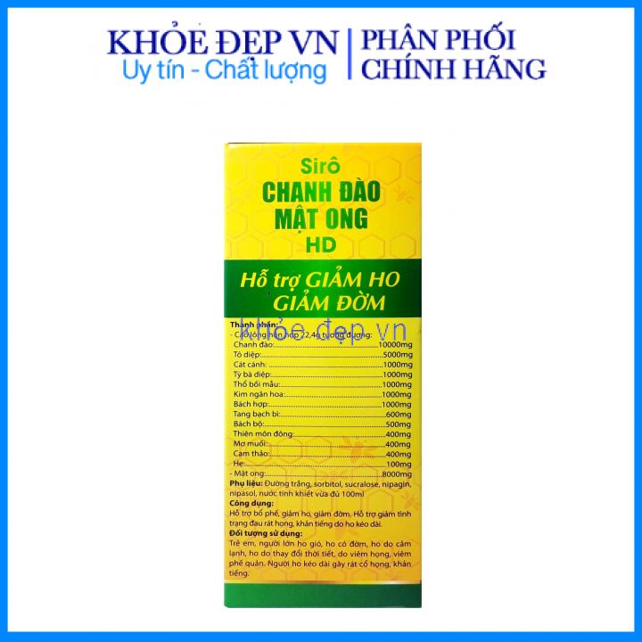 Siro Chanh Đào Mật Ong HD hỗ trợ bổ phế, nhuận phế, giảm ho, giảm đờm - Chai 100ml