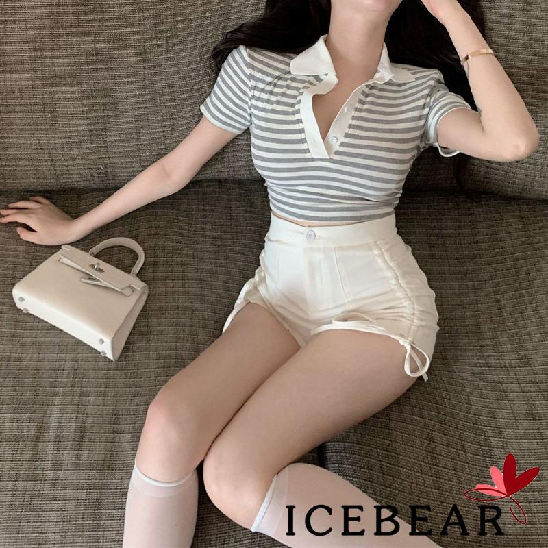 ICE-Women’s Short Sleeve T-shirt Stripe Print Button Lapel Exposed Navel Tops