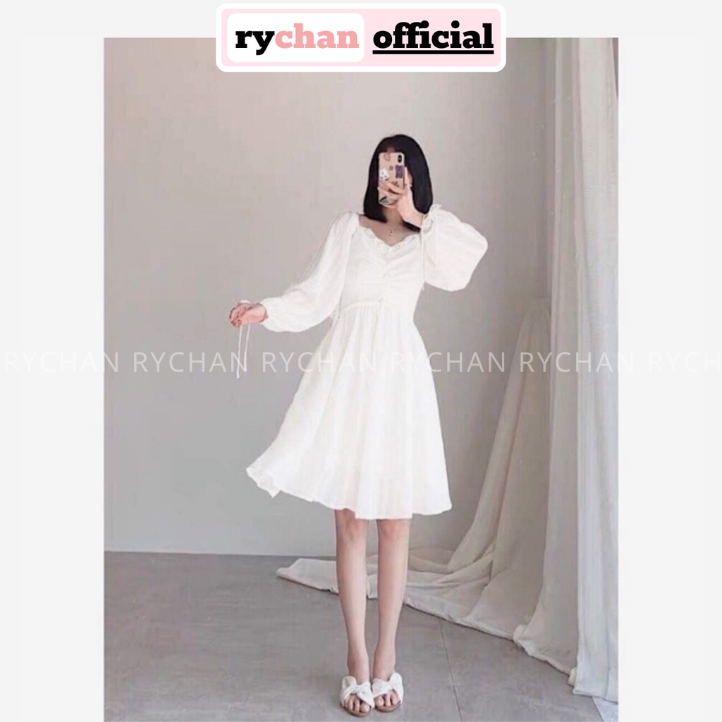 Đầm Nữ Dự Tiệc Dáng Xòe Cổ V Bèo Tay Dài Phồng Thắt Nơ Cực Bánh Bèo Màu Trắng[ẢNH THẬT CUỐI] -  DX9829