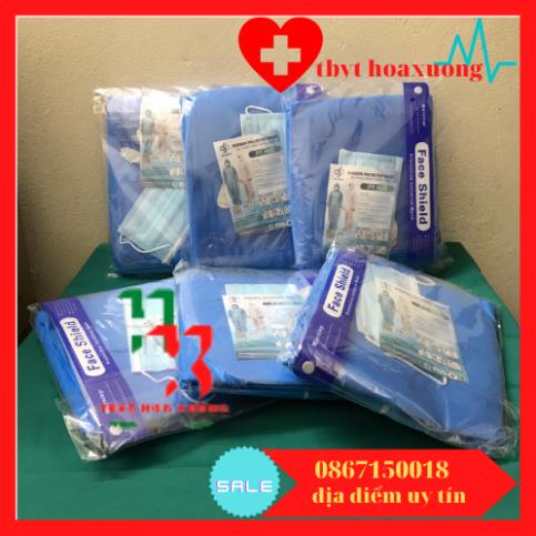 ( Com Bo 10 Bộ)  Quần áo bảo hộ y tế phòng dịch 7 món Hàng An Sinh gồm quần,áo ,mũ,kính che mặt,khẩu trang ,găng tay