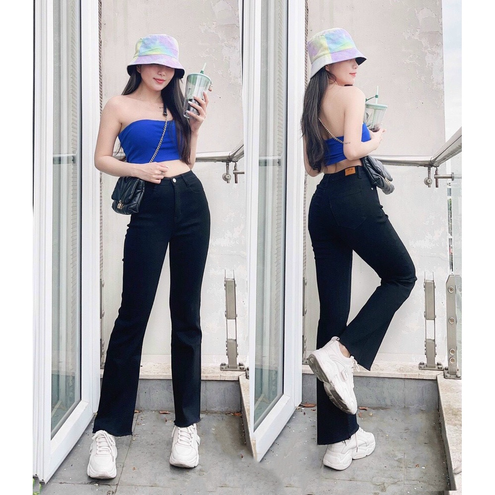 Quần bò jean nữ ống loe TDSHOP xẻ gấu dáng đứng ống rộng cạp cao basic hàn quốc Q20
