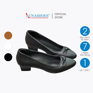 Cao gót nữ 3p Lunashoes 5007 da thật mũi nhọn đế gót vuông có nơ màu đen, trắng, nâu hàng VNXK