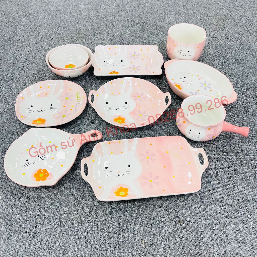 Chén Dĩa Dễ Thương Đĩa Sứ Set Bát Đĩa Decor Bát Ăn Cơm Chén Sứ Đẹp Bộ thỏ hồng 10 món cute