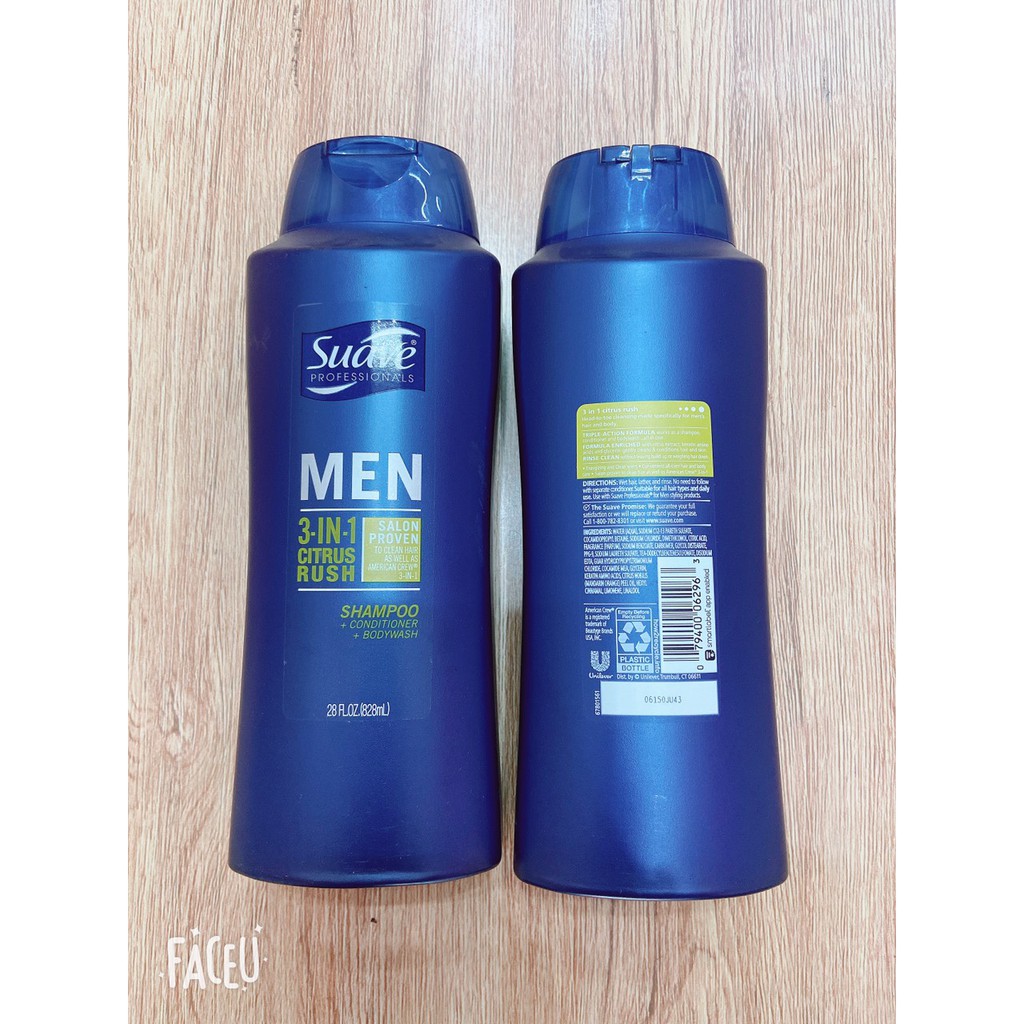 Dầu Tắm Gội Xả Suave 3 in 1 Professionals Men 828ml