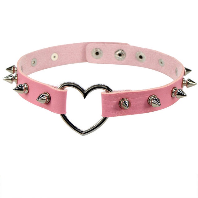 Vòng Cổ Choker Da PU Màu Hồng Đính Gai Kim Loại Tua Rua Phong Cách Gothic Punk Cho Nam Và Nữ