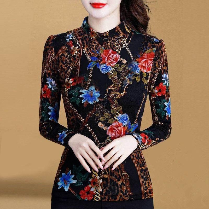 Áo thun tay dài cổ cao plus size cho phụ nữ trung niên