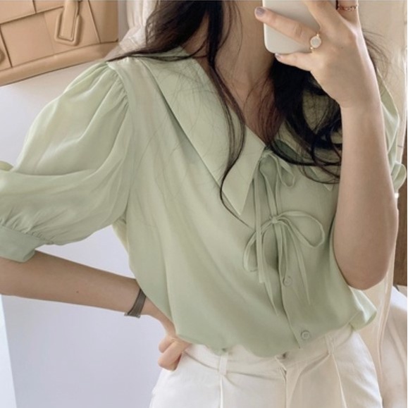 Áo sơ mi nữ tay phồng màu pastel cổ lạ thắt nơ xinh xắn tiểu thư phong cách Hàn Quốc 2022
