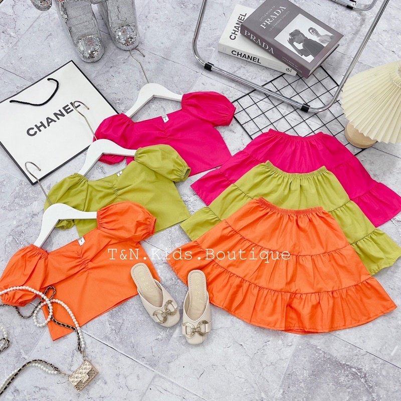 Set áo crop top cv tầng cho bé gái 15-28kg