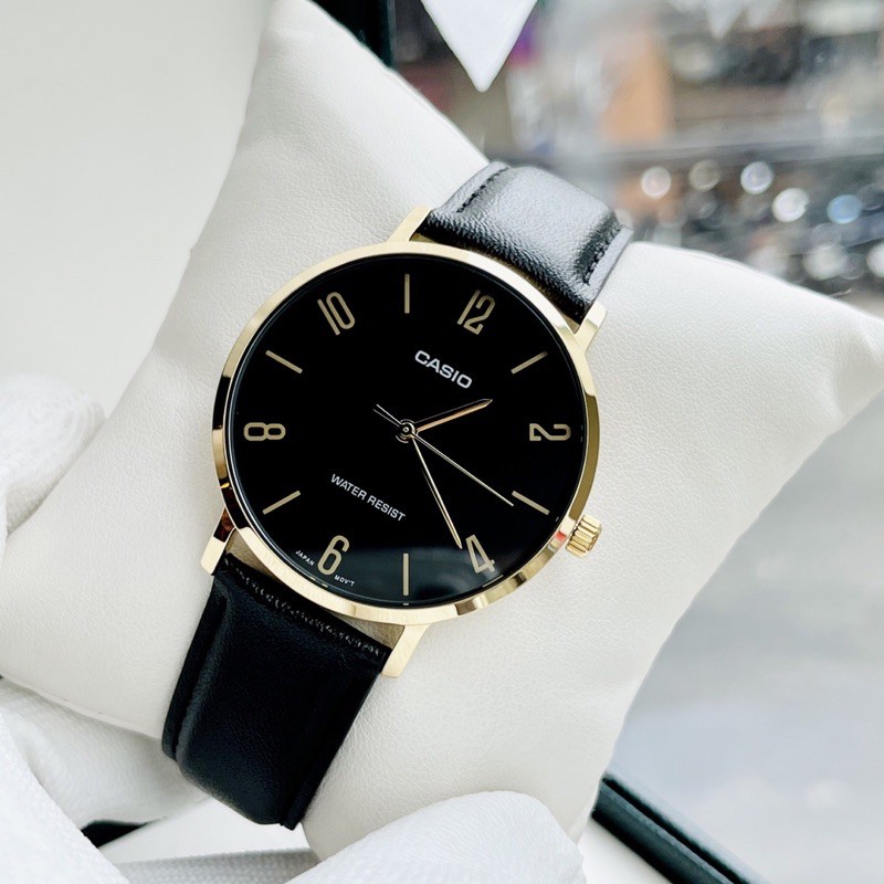 Đồng hồ Nam Casio MTP-VT01GL-1B2, đồng hồ chính hãng, dây da trơn đen mặt đen số, viền vàng