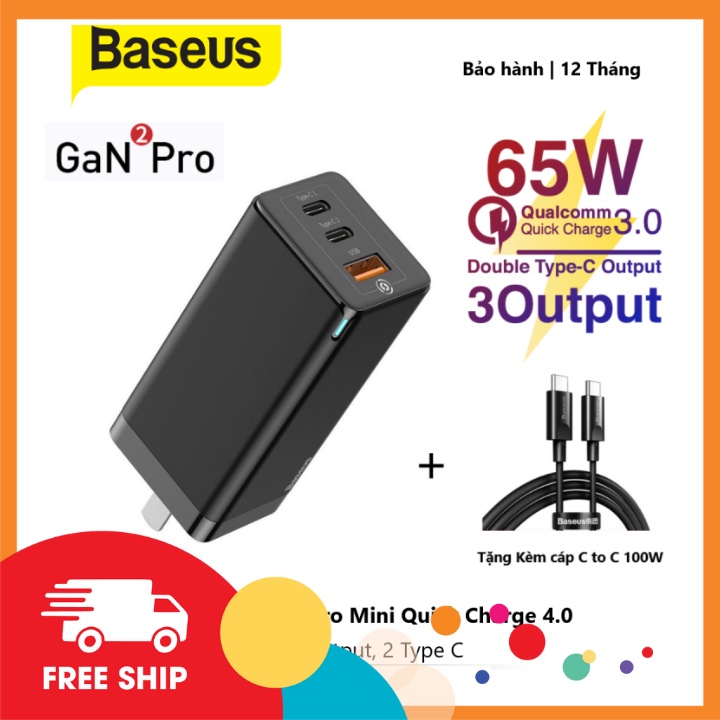 Củ Sạc GaN - Tặng dây USB C 100W - 1 Cổng USB - 2 Cổng Type-C