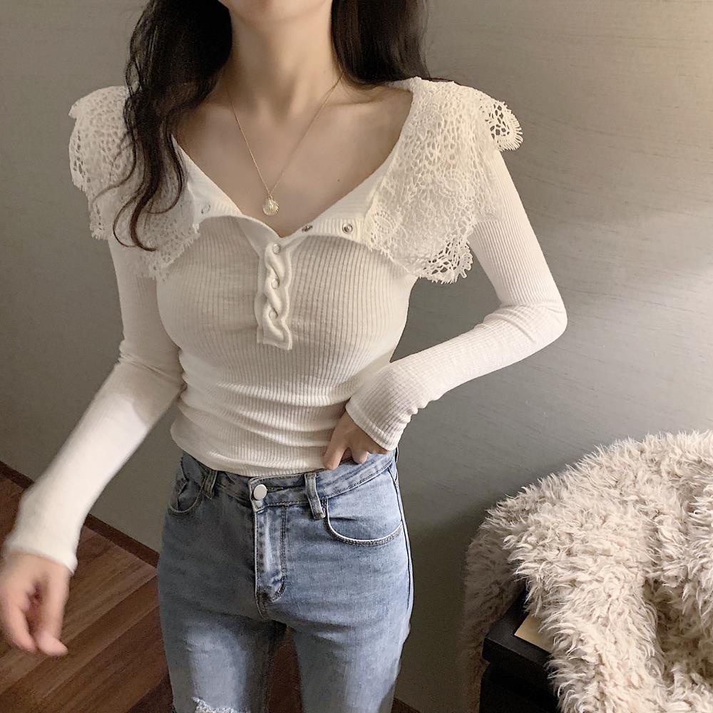 Áo thun tay dài phối ren mỏng phong cách Hàn Quốc mới 2021 cho nữ