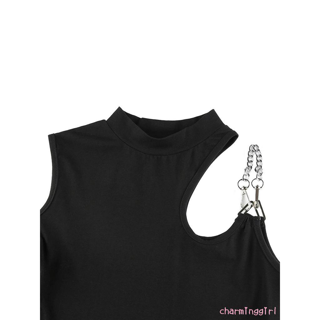 Bộ áo liền quần hở vai dáng ôm khoét lỗ màu trơn kiểu bất đối xứng thời trang cho phụ nữ