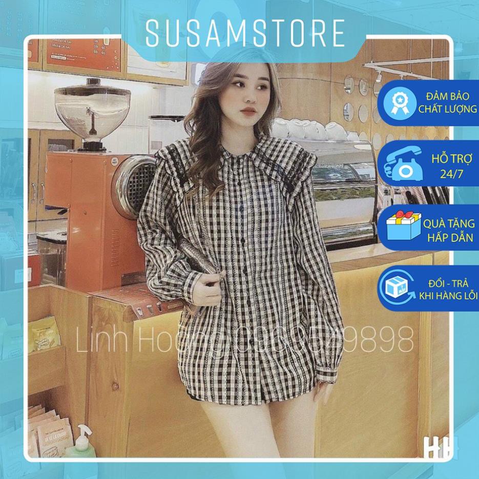 Áo sơ mi nữ form rộng cách điệu - Áo kiểu nữ cổ phối ren viền dáng suông SS106 ྇