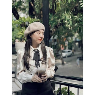 Sơ mi lụa cúc ngọc phối nơ đen