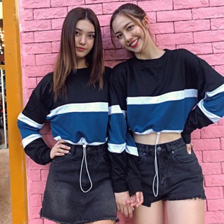Croptop tay dài phối màu rút dây