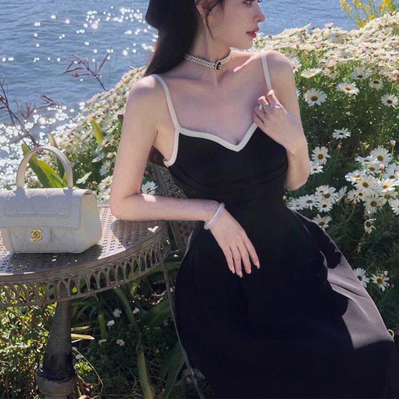 Váy Địu Sang Trọng 164521 Đầm Dài Hai Dây Màu Đen Phong Cách Retro Quyến Rũ Dành Cho Nữ