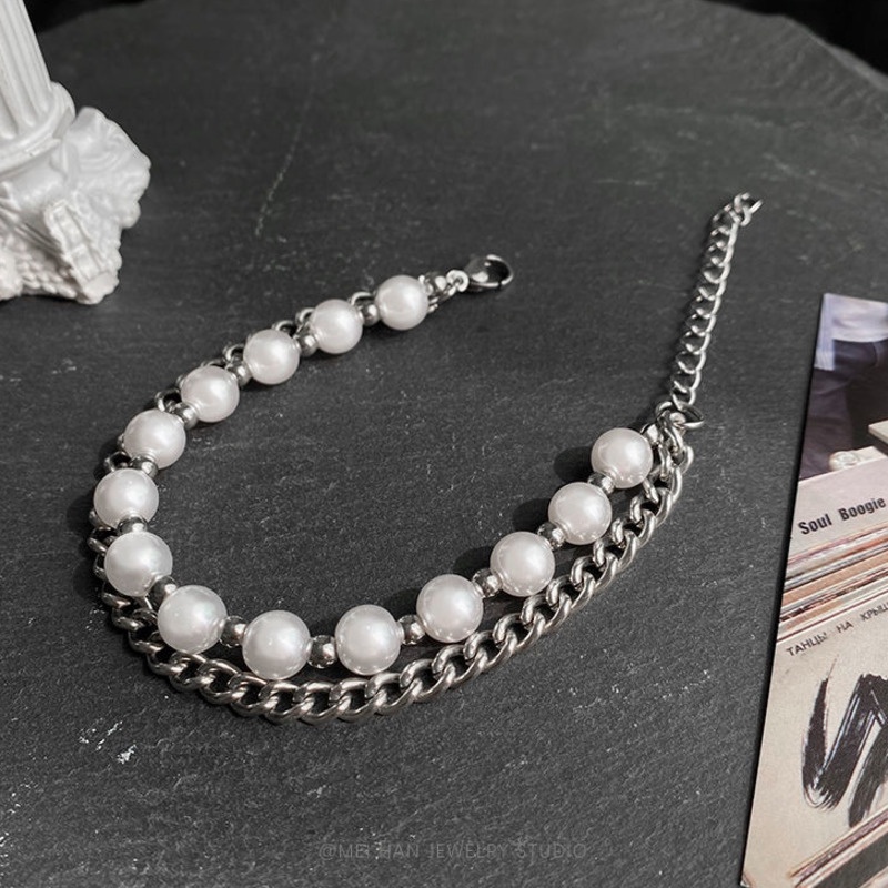 Vòng tay hai lớp đính ngọc trai phong cách hip hop thời trang