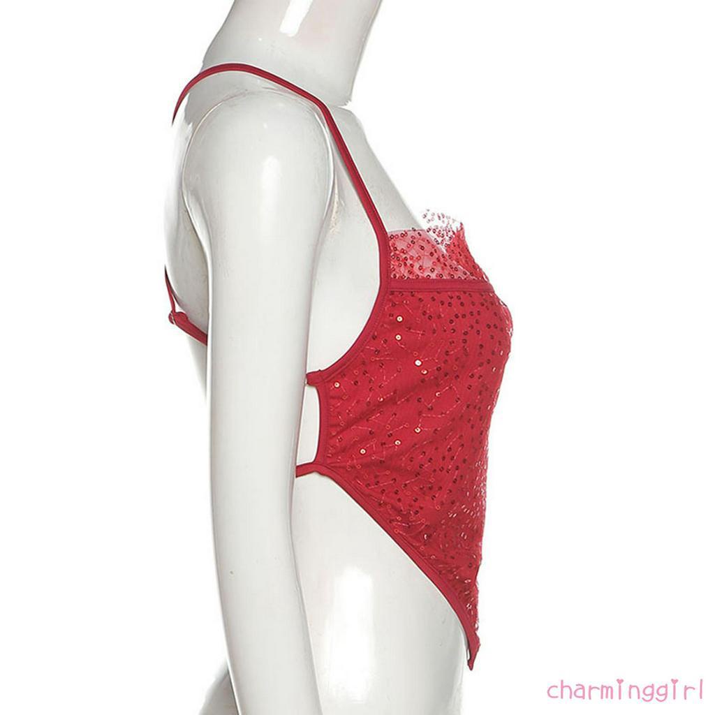 Áo Lửng Hai Dây Đính Sequin Lấp Lánh Phong Cách Quyến Rũ Dành Cho Nữ