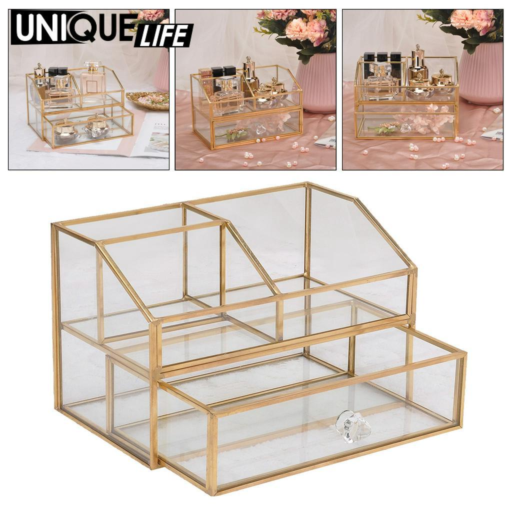 (Hàng Mới Về) Hộp Đựng Mỹ Phẩm 2 Tầng Bằng Kim Loại Mặt Kính Độc Đáo