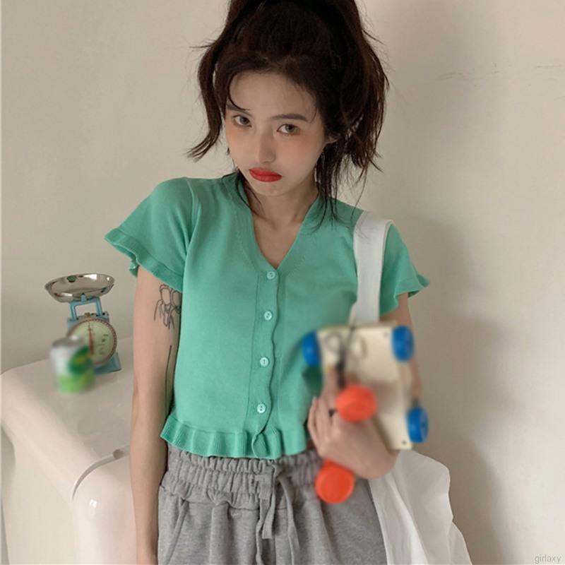 Áo Len Tay Ngắn Cổ Chữ V Phong Cách Hàn Quốc Cho Nữ