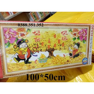 tranh đính đá thần tài cây kim tiền kt 100x50cm