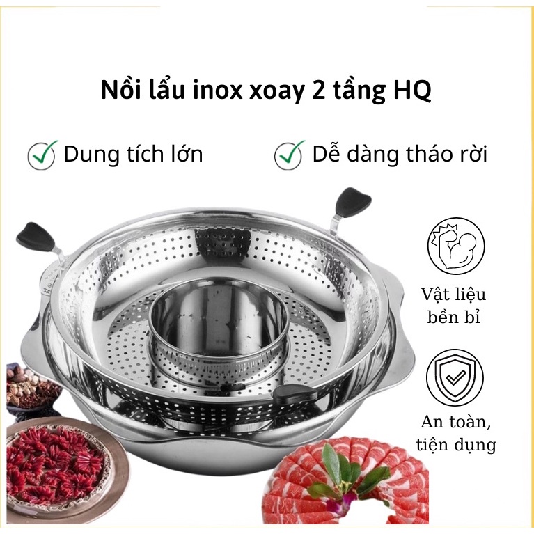 Nồi lẩu 2 ngăn đa năng dùng được mọi loại bếp đường kính 32cm chất liệu inox 304, Nồi lẩu mini 2 tầng đa năng