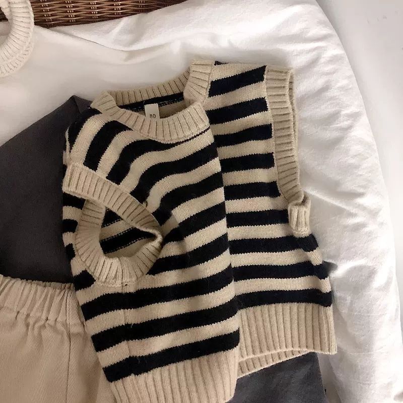 Áo Sweater Dệt Kim Sát Nách Dáng Rộng Kẻ Sọc Kiểu Hàn Quốc Thời Trang Mùa Xuân 2022 Cho Bé