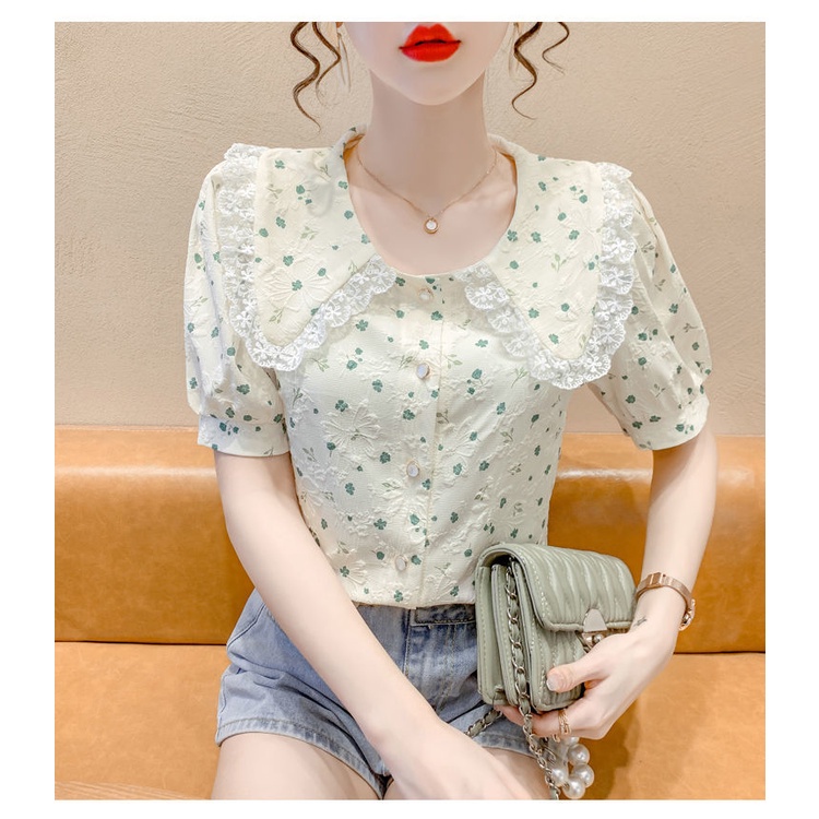 Áo Sơ Mi Tay Ngắn Phồng Cổ Búp Bê In Họa Tiết Hoa Phong Cách Pháp Thời Trang Dành Cho Nữ