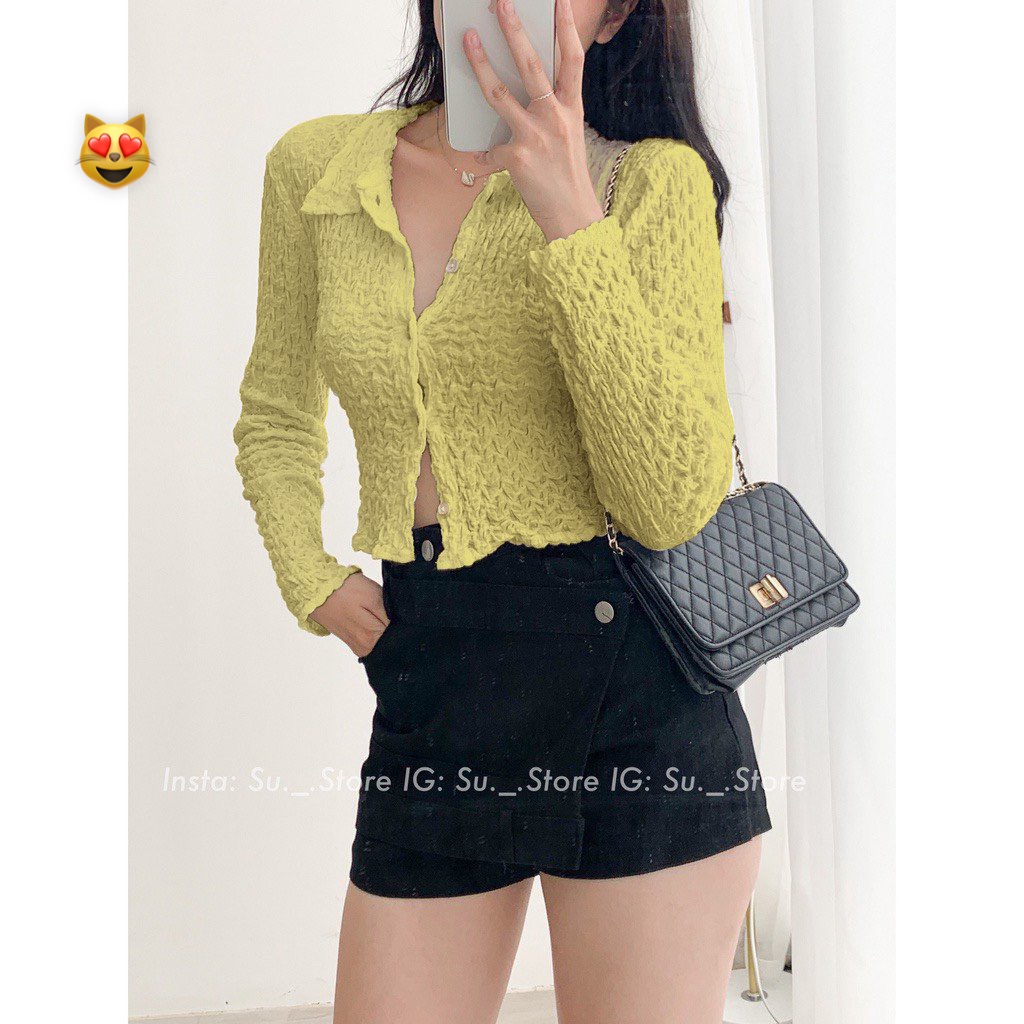 Áo kiểu tay dài cổ bẻ xốp cài nút trơn cực hot cho mùa thu đông , chất thun xốp mềm mịn