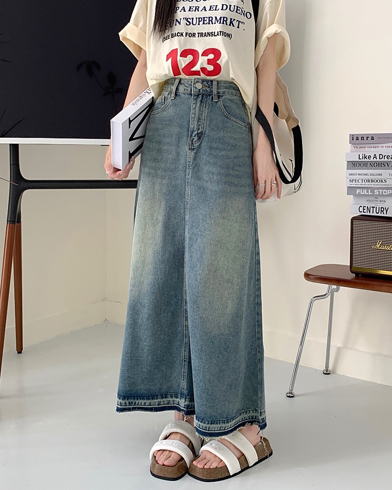 Chân váy jeans demin dáng dài chữ a phong cách Retro thời trang vintage Hàn Quốc